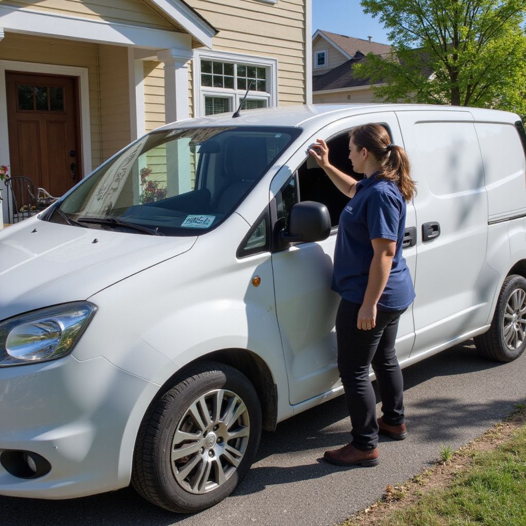 A person in a blue uniform stands next to a parked white cargo van, reaching to open the driver-side door.