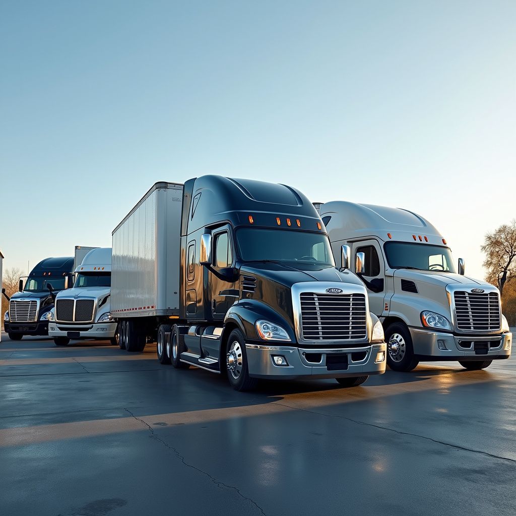 Three semi-trucks parked in a row on a concrete lot under a clear blue sky.