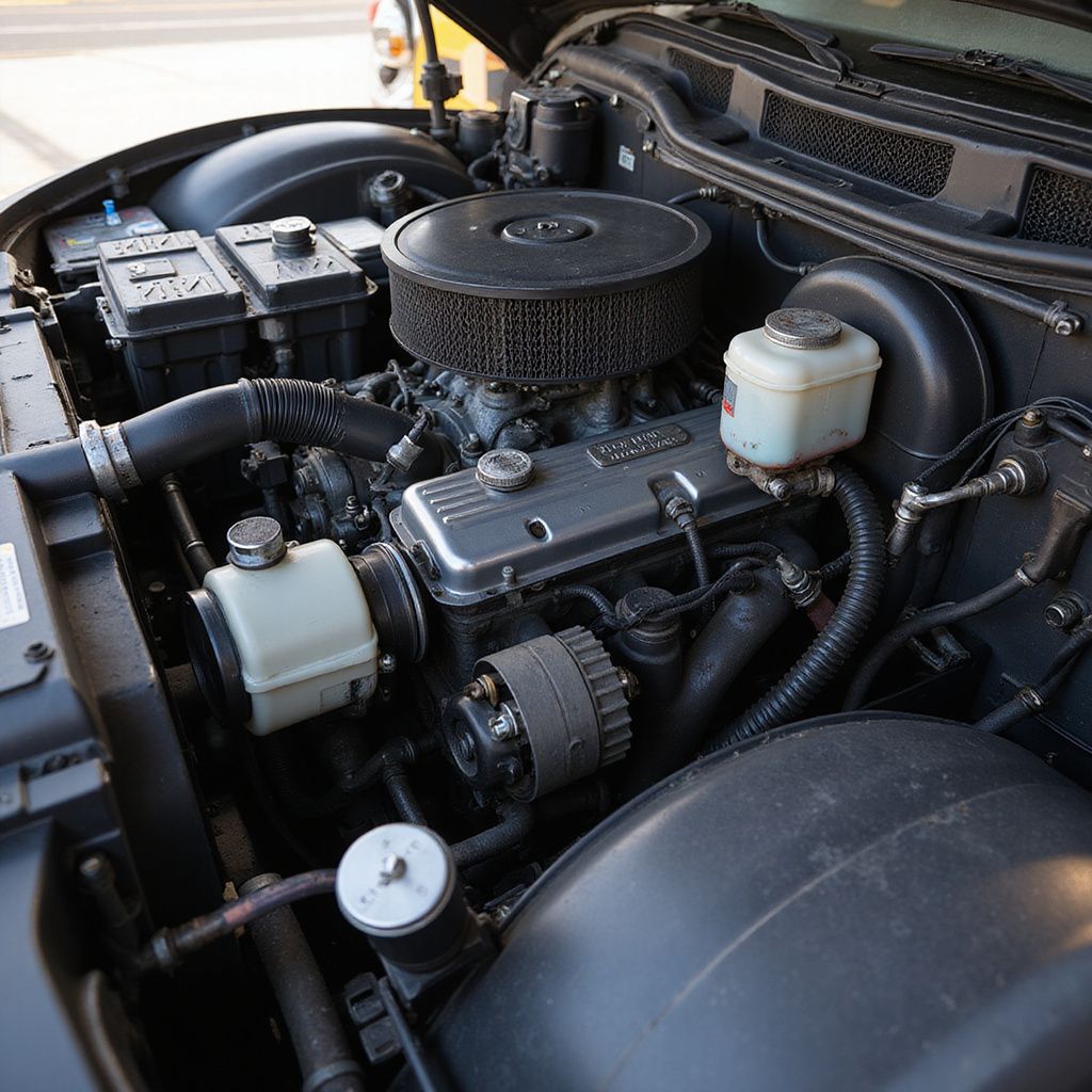 A close-up of a vehicle's engine bay, featuring a metal engine, black air cleaner, and various fluid reservoirs.