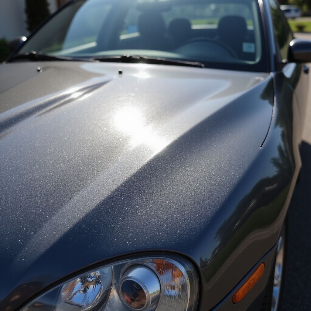 A close-up of a metallic grey car hood shining in the sun, showing the hood, windshield, and a headlight.
