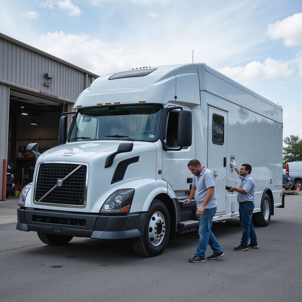 Two technicians stand by a white Volvo commercial truck parked outside a service garage under a partly cloudy sky.
