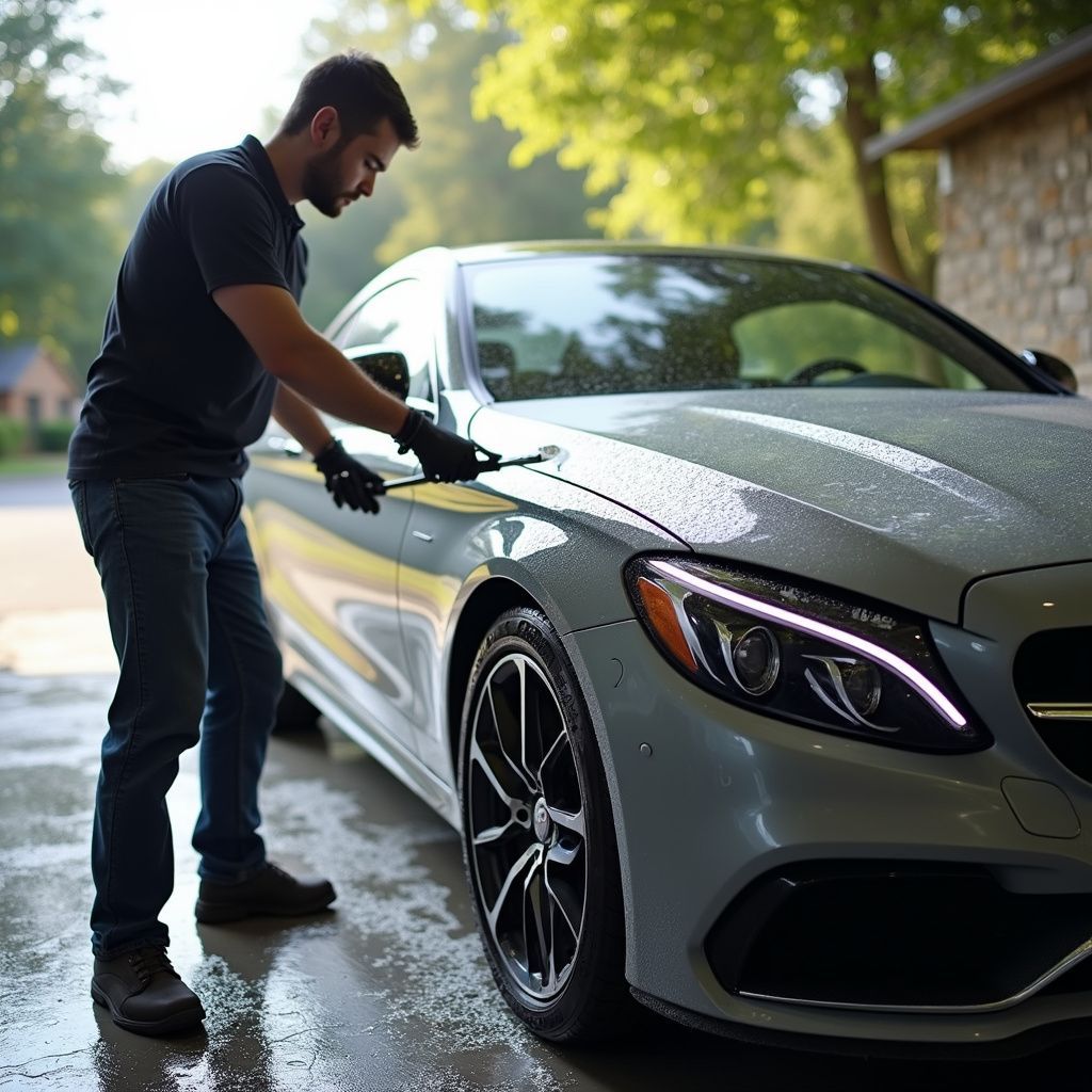 A person wearing black gloves carefully cleans the fender of a silver car parked on a wet surface outdoors.