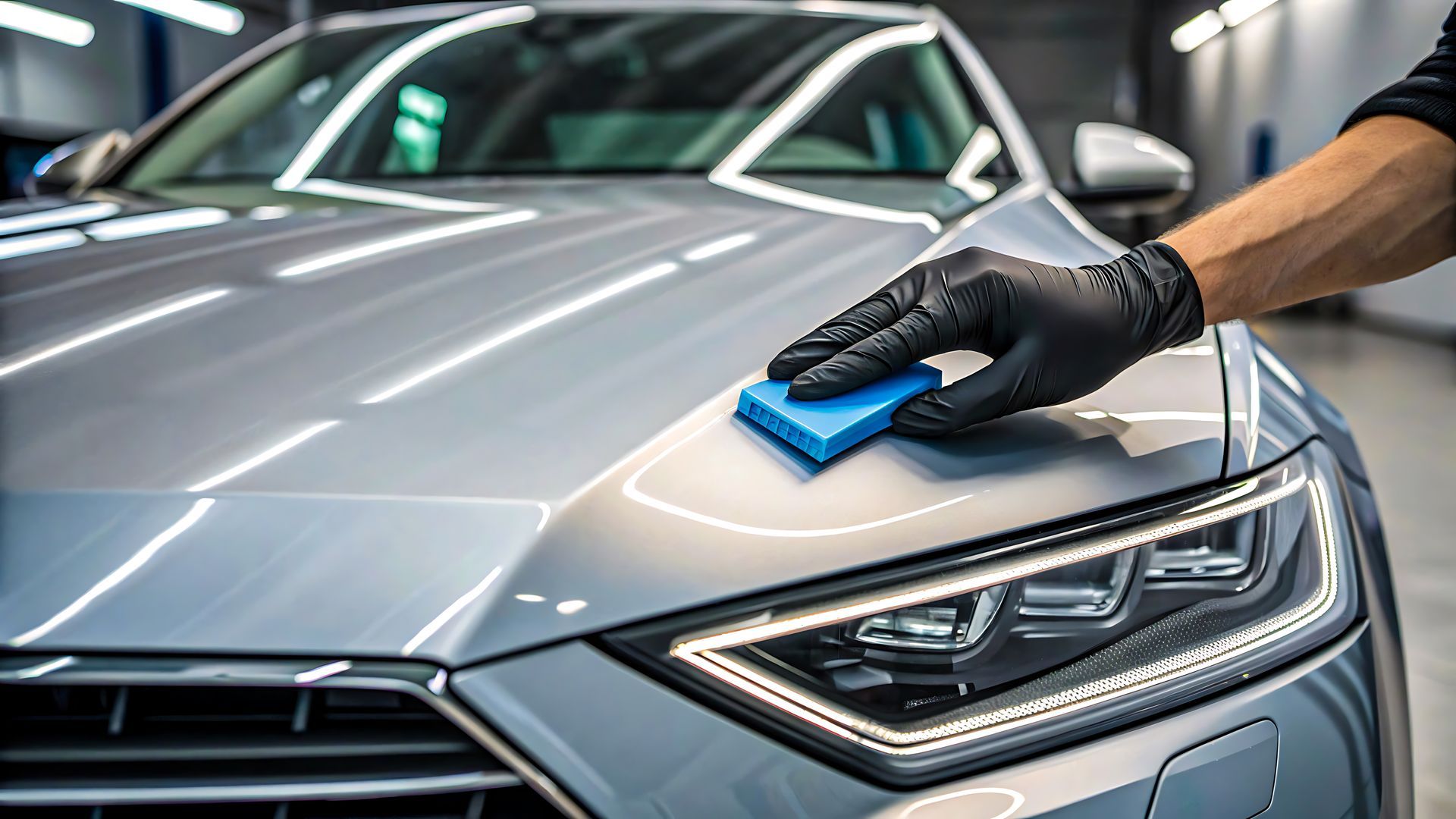 A hand wearing a black glove uses a small blue sponge to apply ceramic coating to a silver car's hood in a garage.