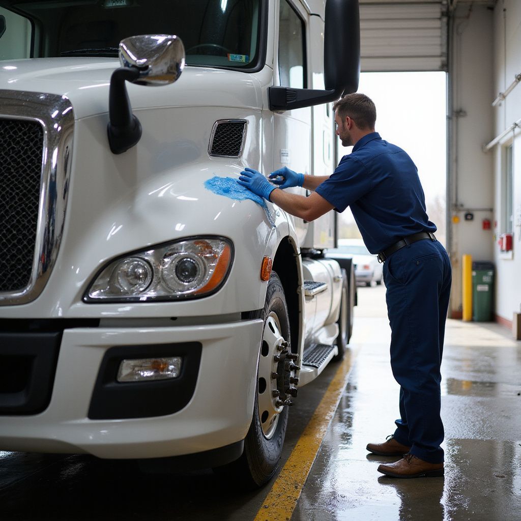 A worker in blue uniform and gloves cleans the hood of a white semi-truck inside a maintenance bay.