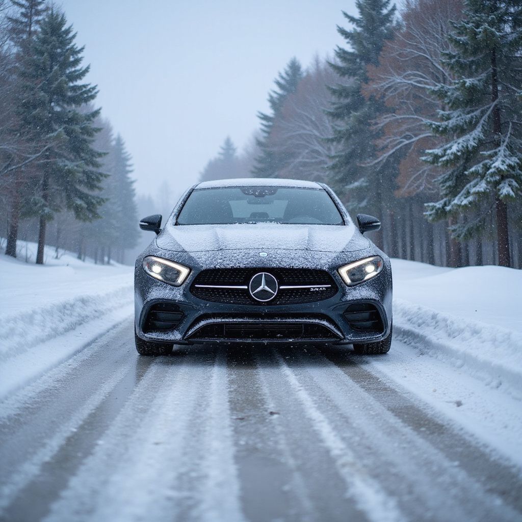 A gray Mercedes-Benz driving down a snowy, forest-lined road covered in a dusting of snow.