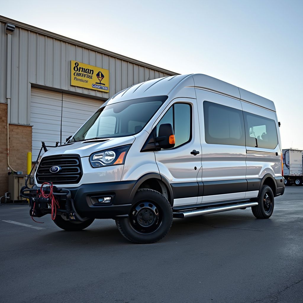 A silver Ford Transit van with off-road tires and a front-mounted winch, parked outside an industrial building.