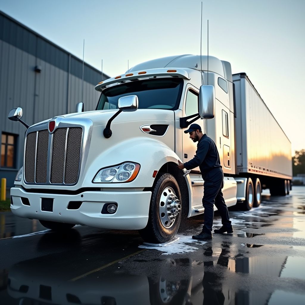 A person cleaning the large front tire of a white semi-truck parked on a wet surface at dusk.
