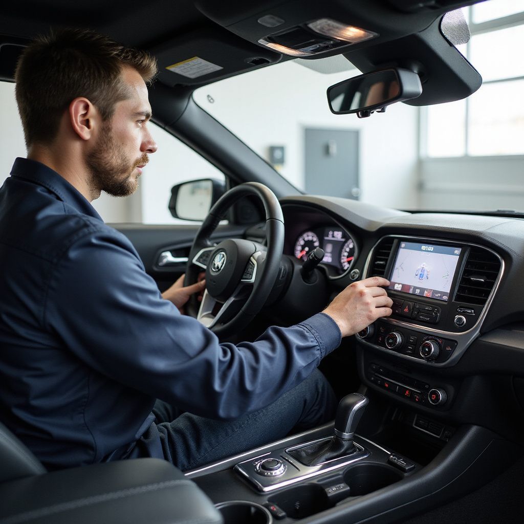 A person in a blue shirt sits in the driver's seat of a car, touching the center console touchscreen.