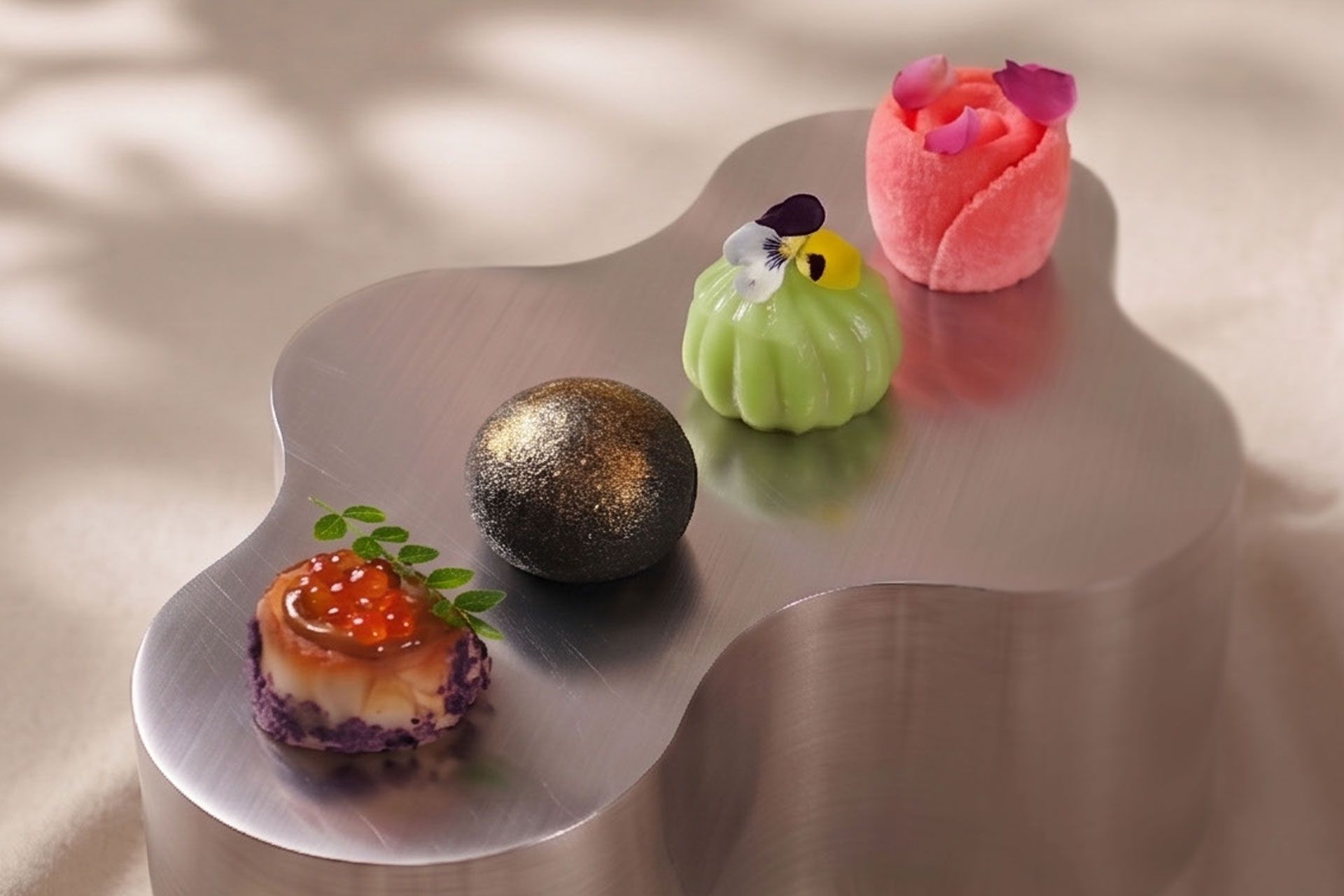 Assorted colorful pastries on a silver tray, including pink, green, purple, and dark chocolate desserts