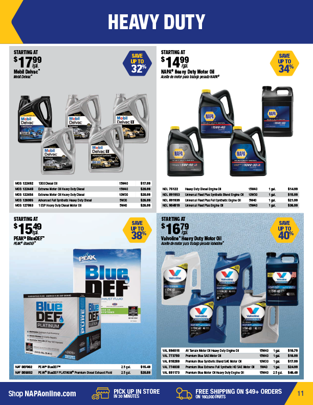 Heavy duty oil products on sale with promotional details.