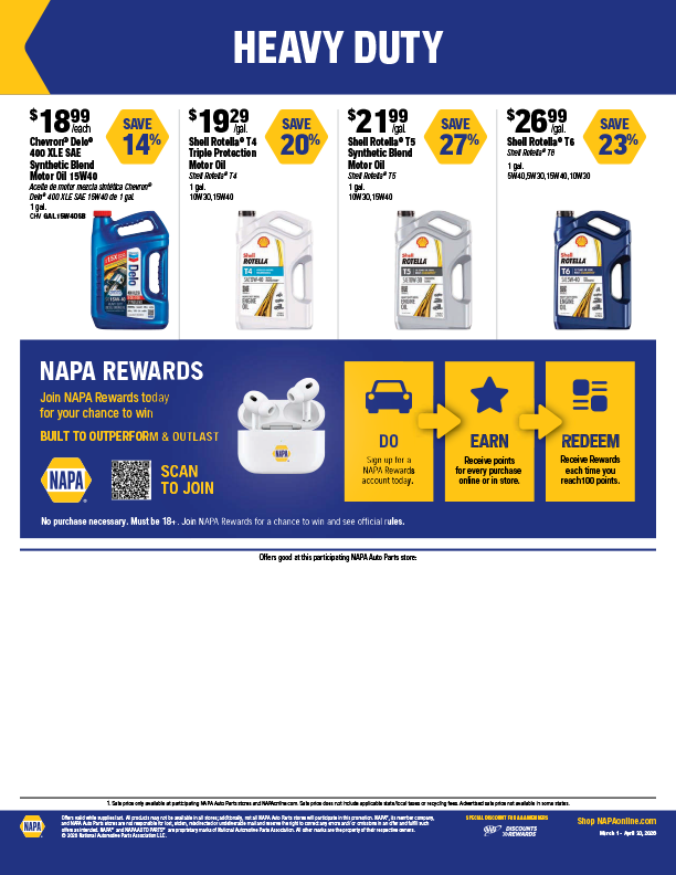 NAPA advertisement with heavy-duty oil sales and rewards program details.