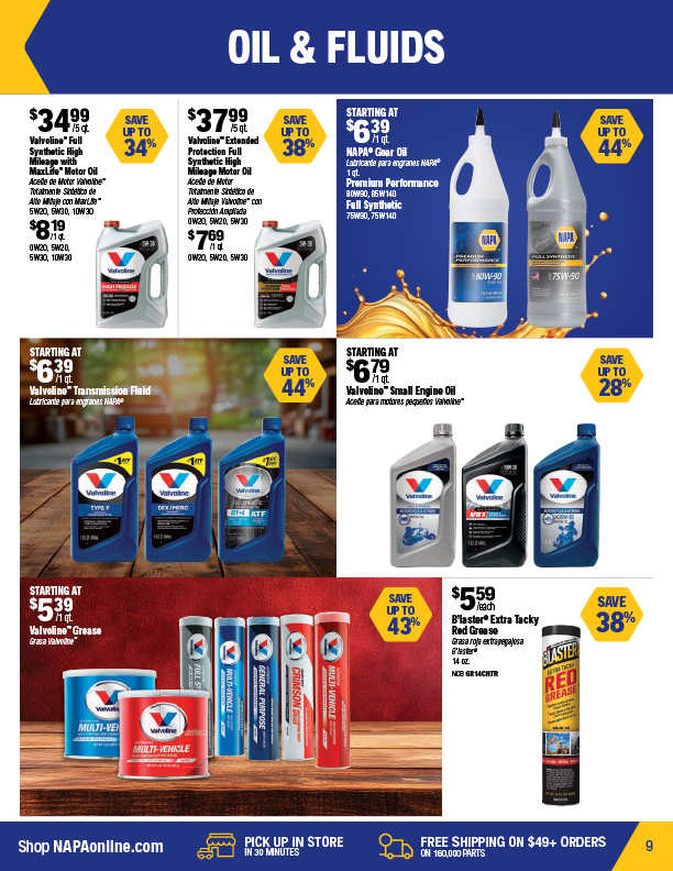 Advertisement for automotive oil and fluids; featuring product images and sale prices.