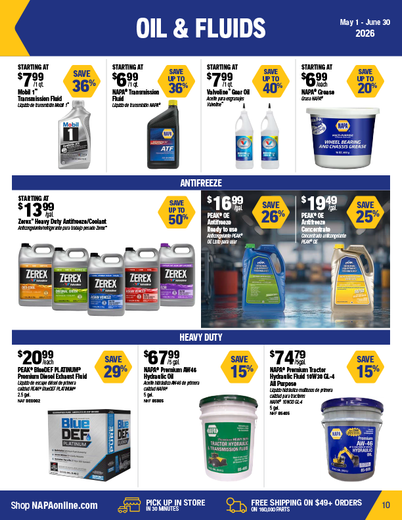 Antifreeze sale ad featuring various brands in black, blue, and pink containers, with discount percentages.