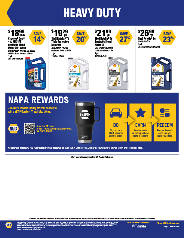NAPA advertisement with heavy-duty oil sales and rewards program details.