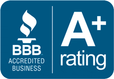 A blue sign that says bbb accredited business and a+ rating