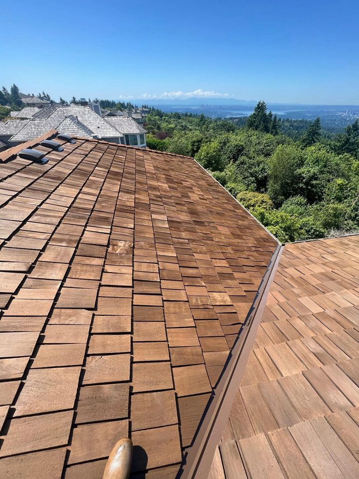 A wooden roof with a view of a forest and mountains.