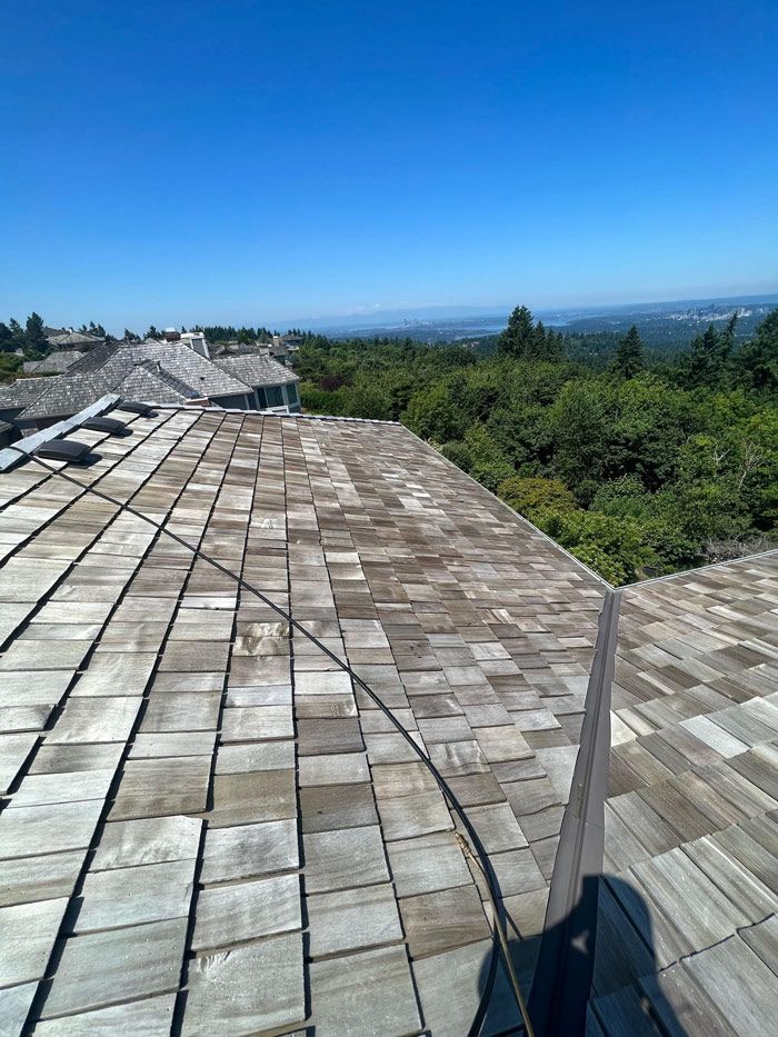 A wooden roof with a view of a forest on a sunny day.