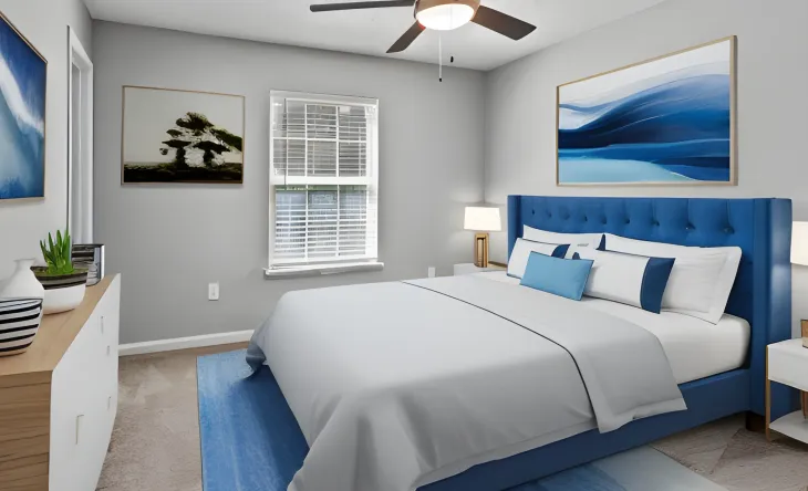 Bedroom with a blue bed, white bedding, gray walls, and artwork.