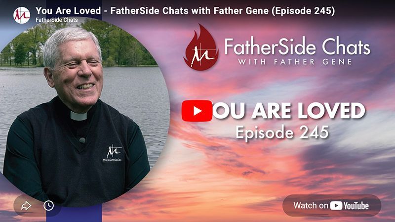 FatherSide Chats promo with priest portrait, sunset background, and “You Are Loved” text with play icon