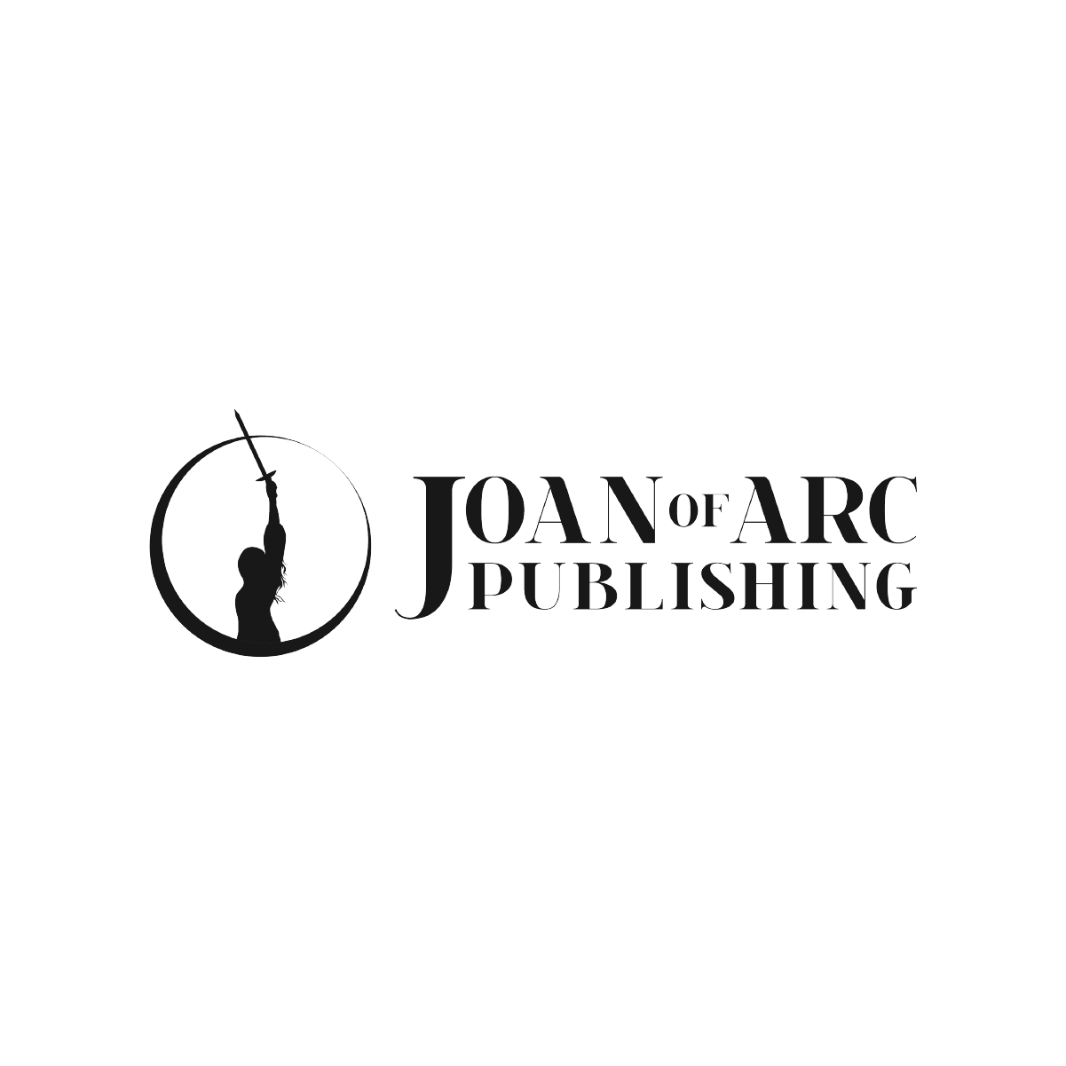 The logo for joan of arc publishing is a black and white logo with a statue of liberty in the center.