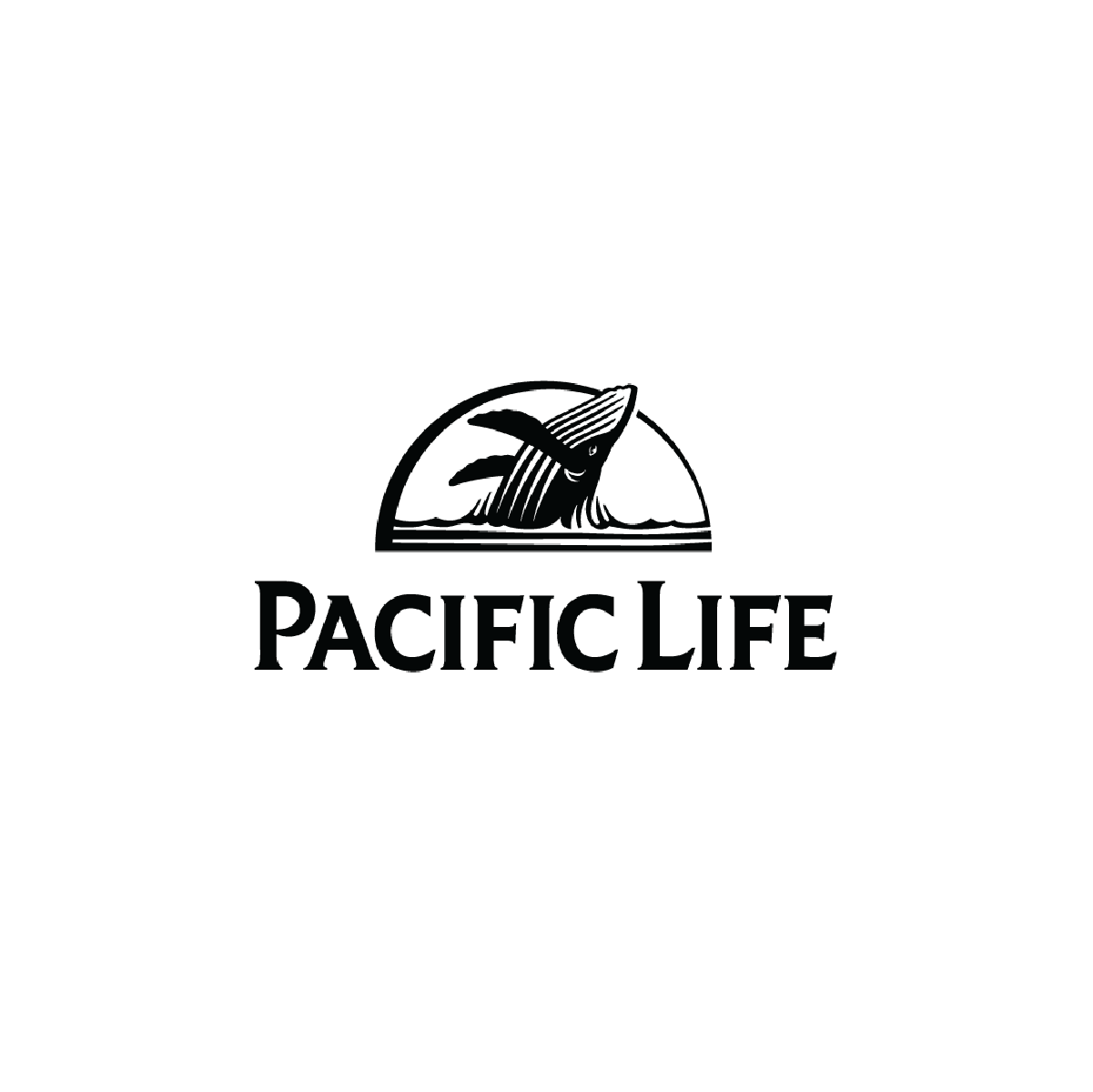 The pacific life logo is black and white and has a whale on it.