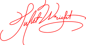 A red signature of juliet wright on a white background