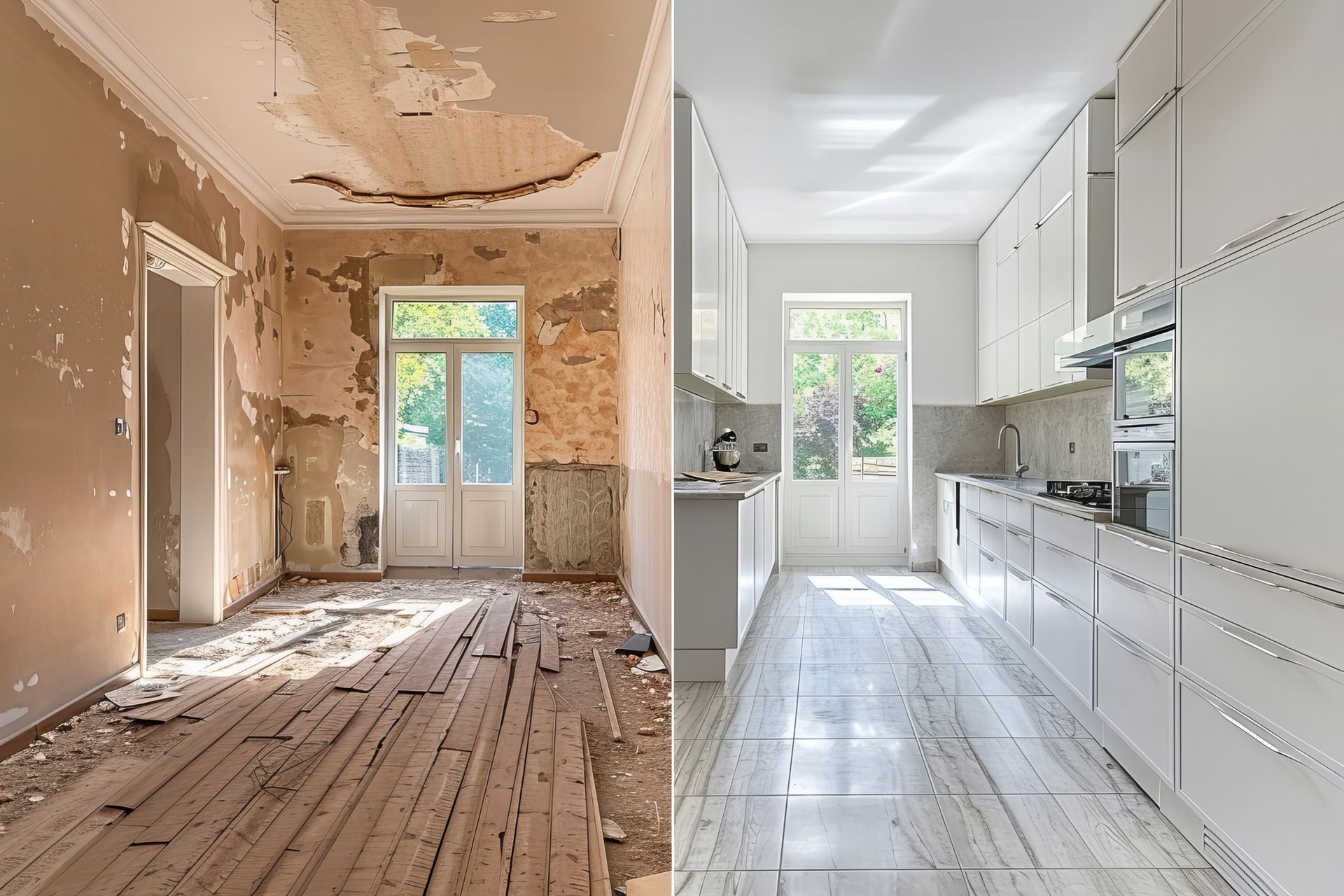 A before and after photo of a kitchen being remodeled.