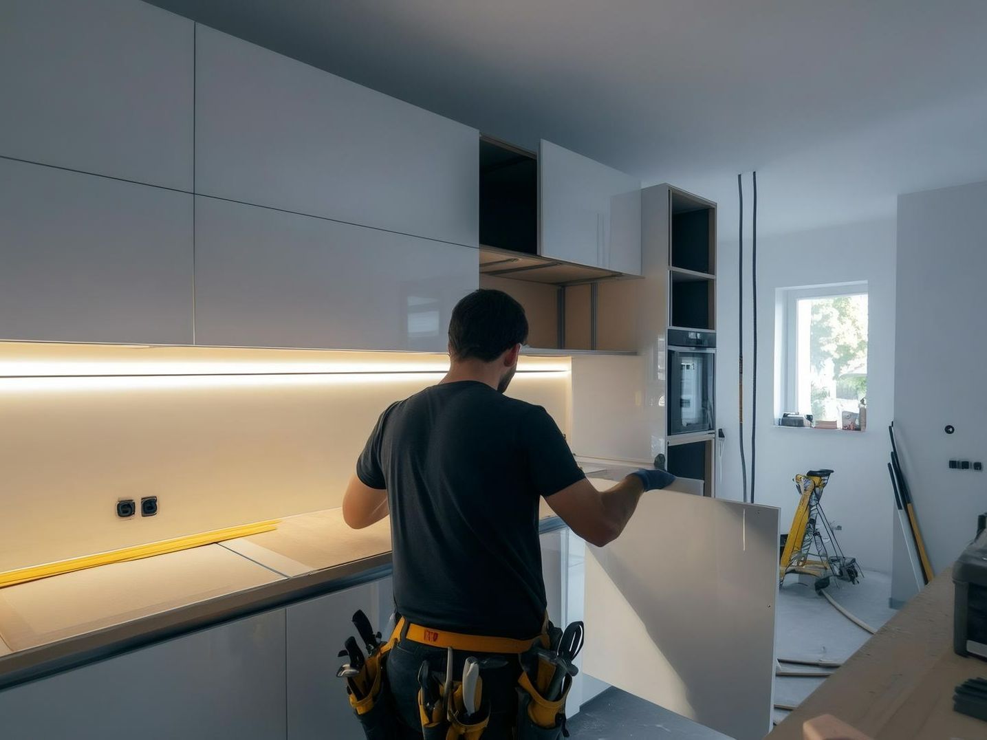 A man is installing cabinets in a kitchen.