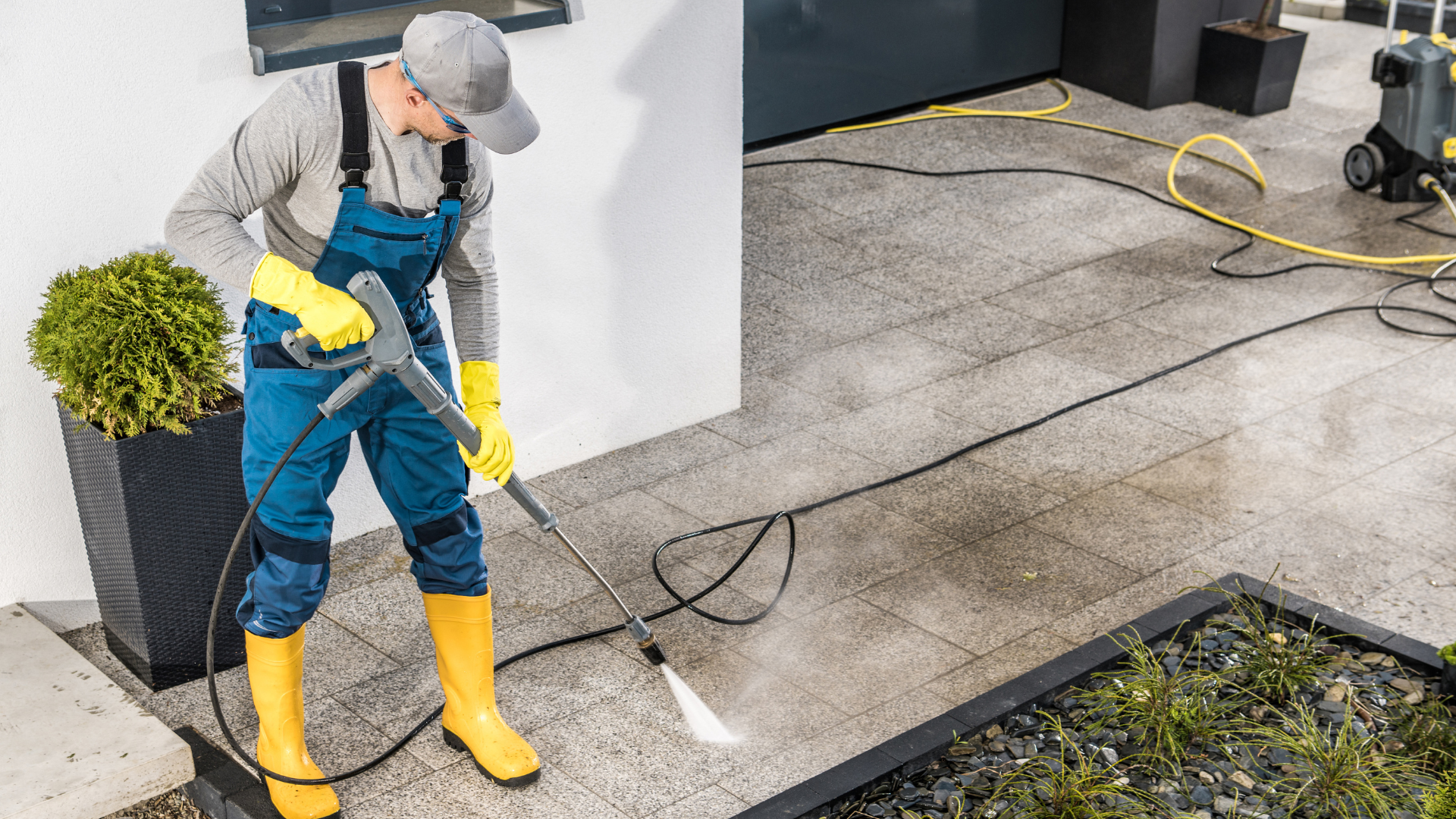 A man is cleaning a patio with a high pressure washer.