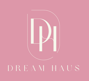 The logo for dream haus is white on a pink background.