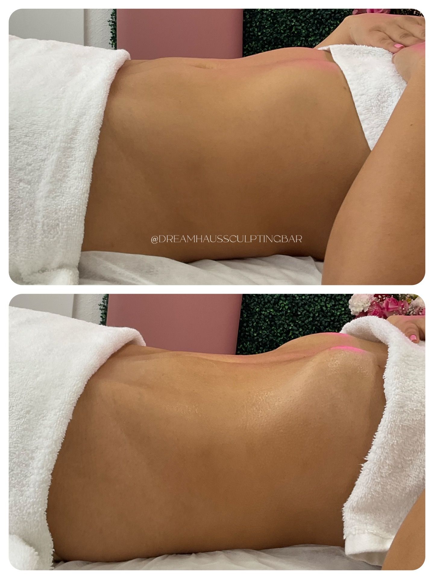 A woman is laying on a bed with a towel around her waist.