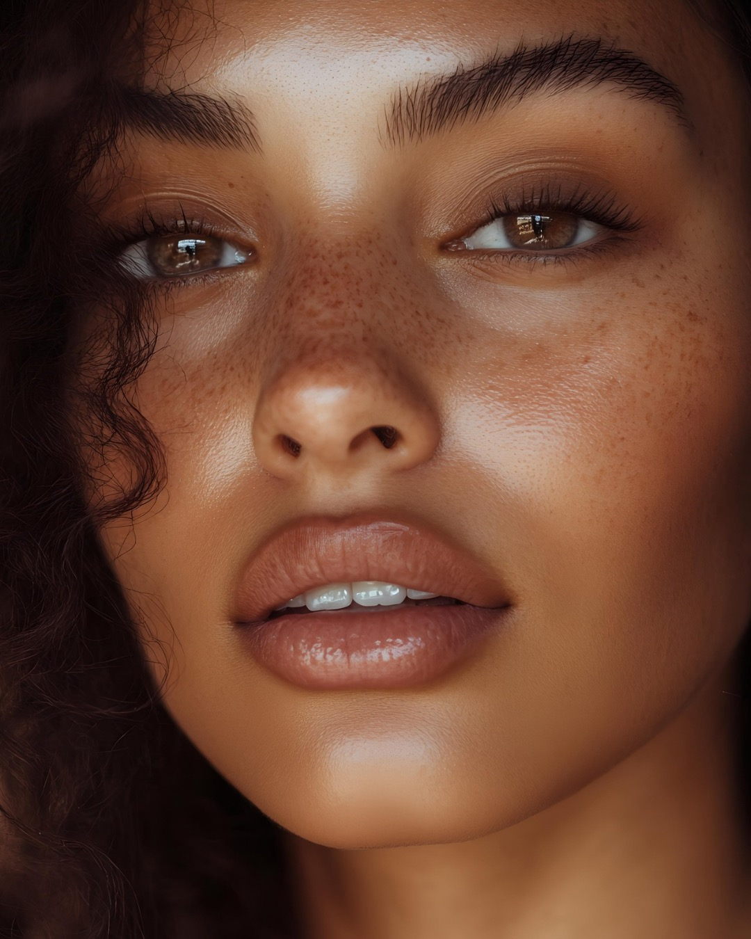 A close up of a woman 's face with freckles.