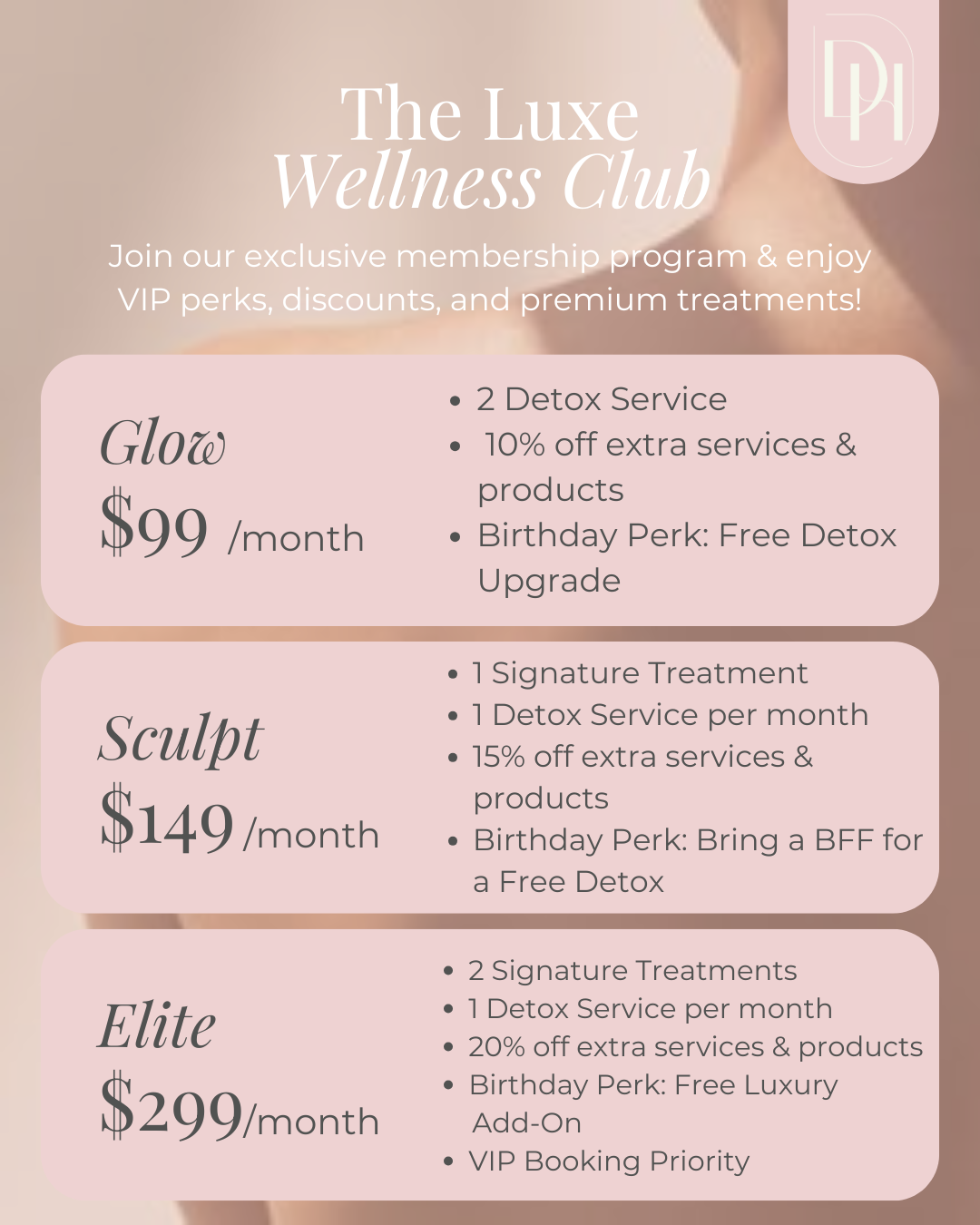 The luxe wellness club offers a membership program and premium treatments.