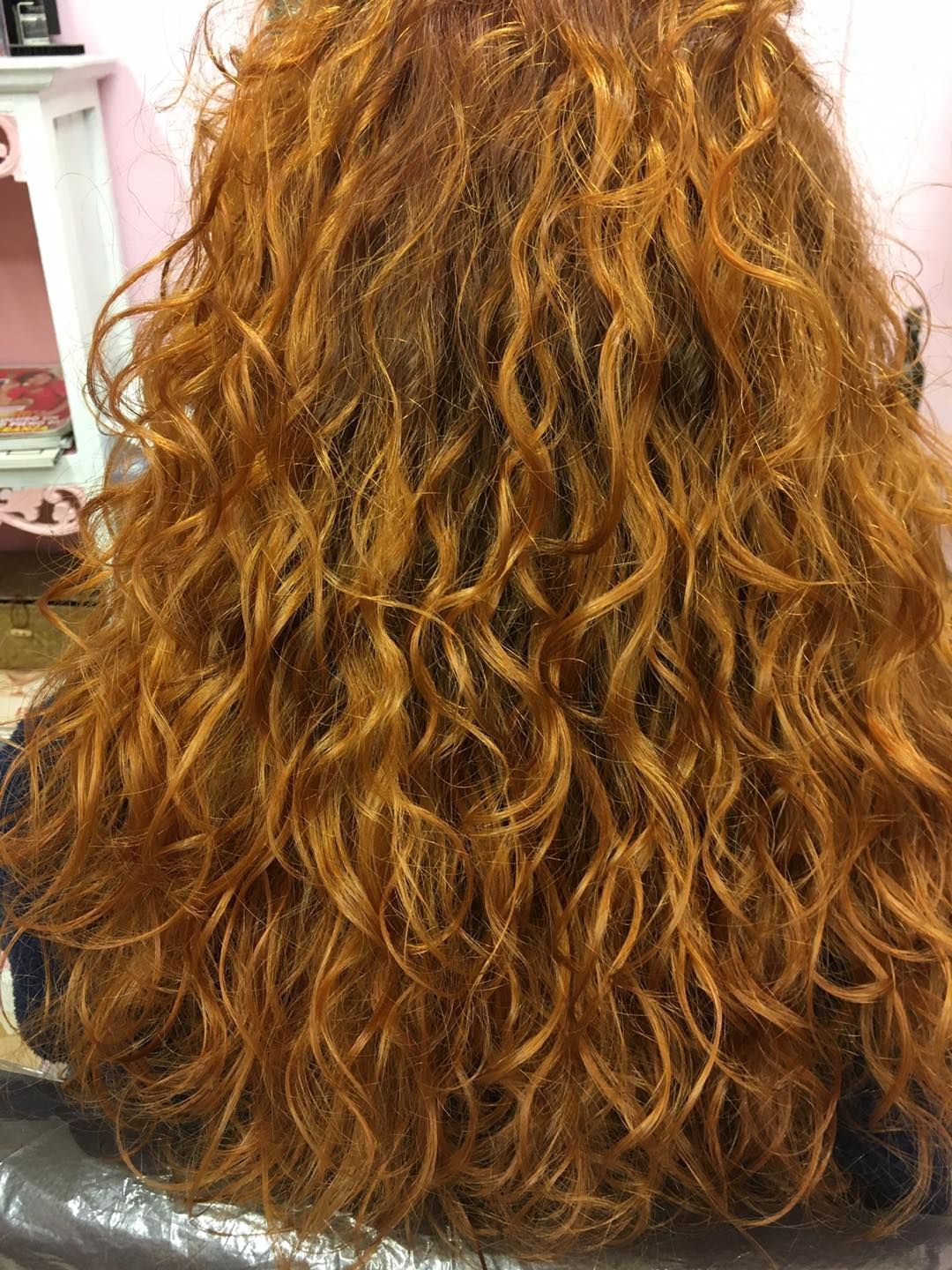 Viene mostrata la parte posteriore dei capelli ricci rossi di una donna.