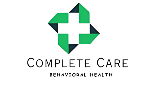 Green and dark blue geometric cross logo for Complete Care Behavioral Health. Text below reads