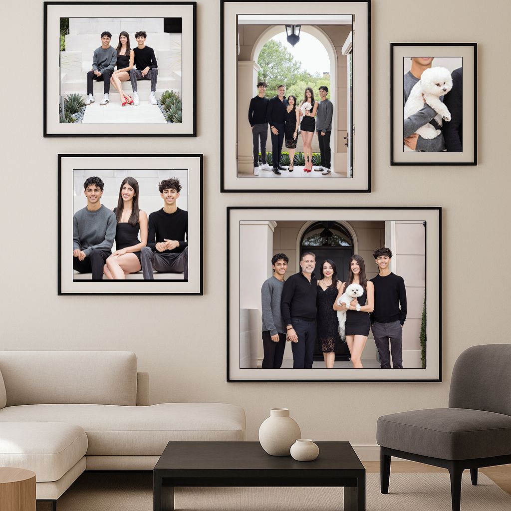 family portrait session framed as art for a contemporary Newport Beach home in black, creams and tan color palette. Photographed by Blue Sky's Studio