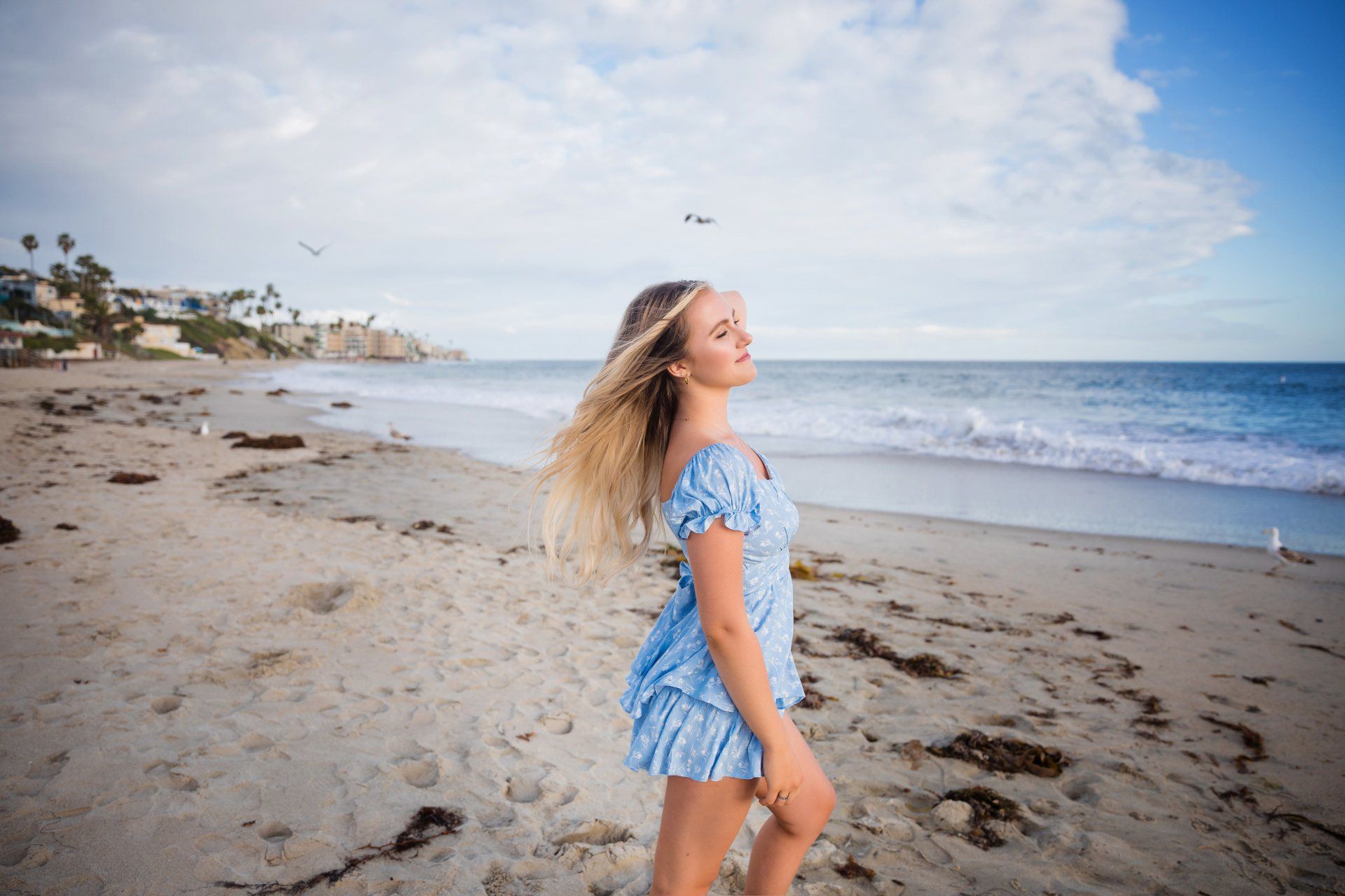 A woman in a blue dress is standing on a beach looking at the ocean.