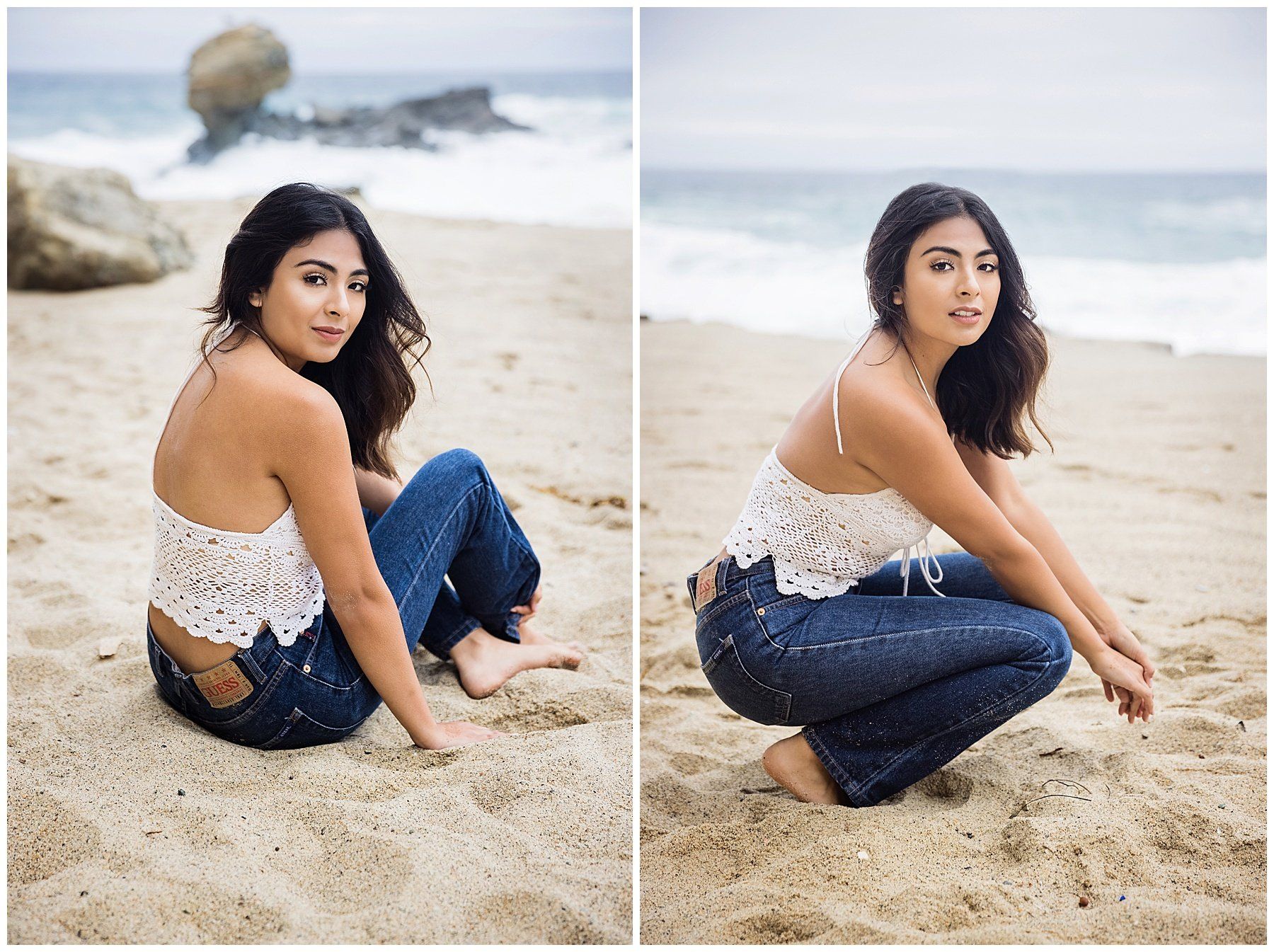 Elegant beach poses: senior girl strikes a unique pose at Tablerock Beach in Laguna Beach