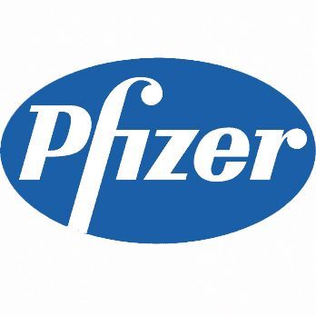 The pfizer logo is a blue oval with white letters on a white background.