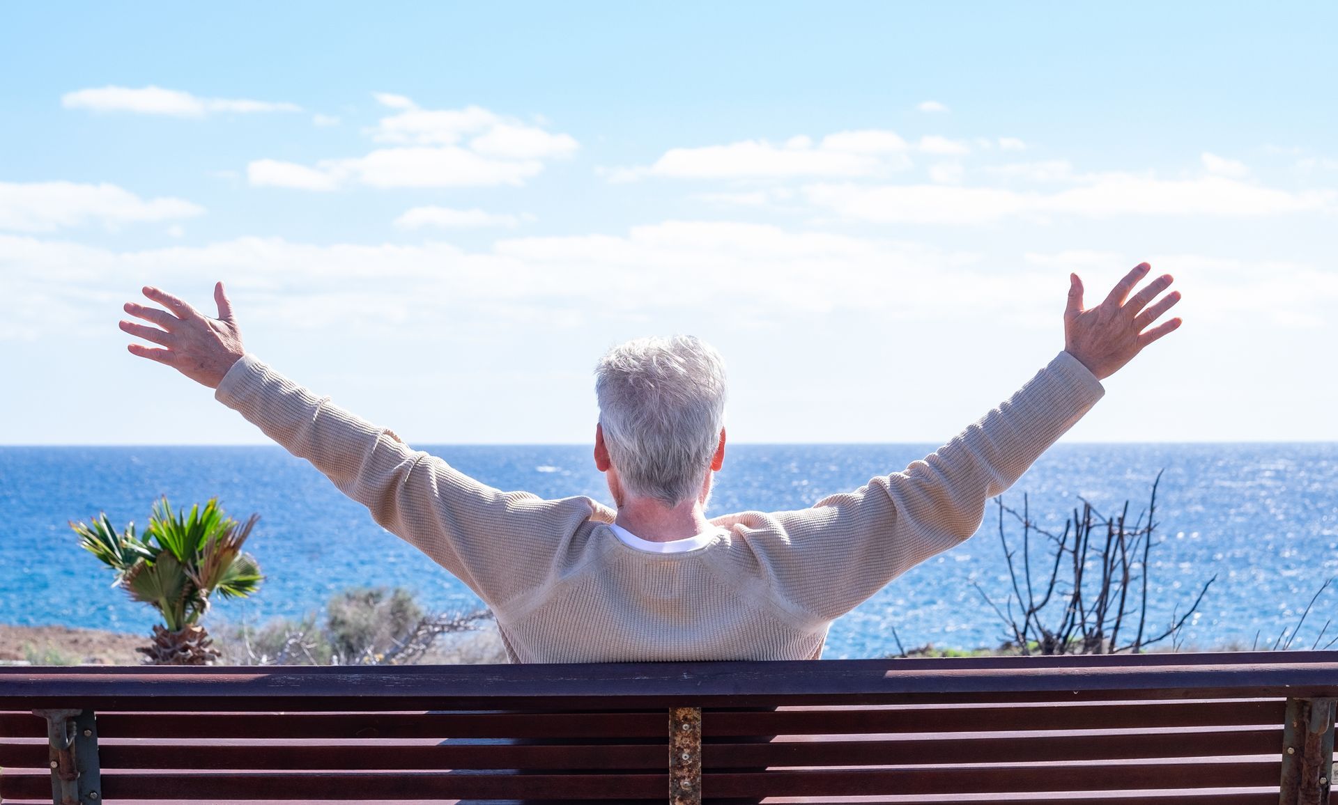 Man with arms raised, enjoying ocean view on a sunny day.