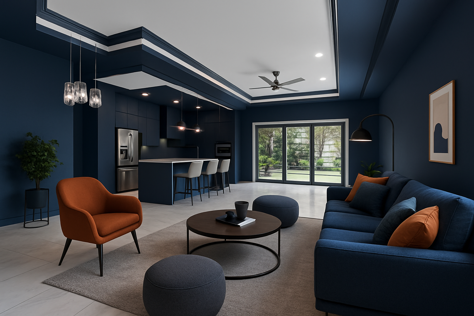 A dining room with a round table and chairs.