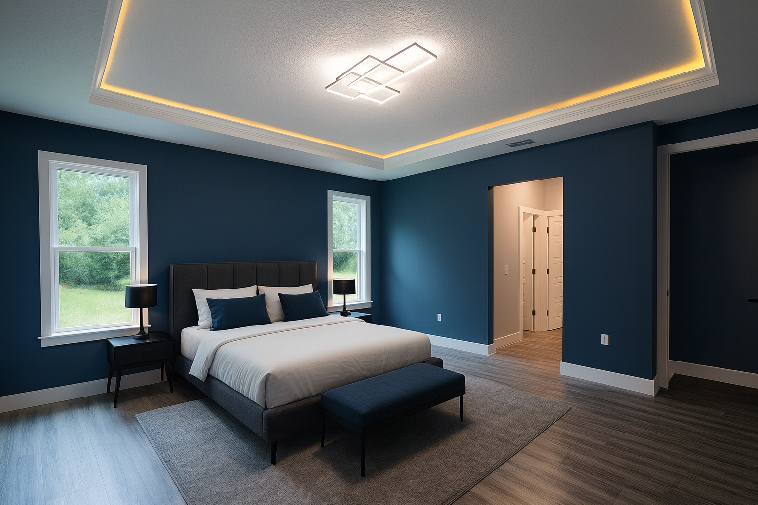 A living room with a couch , chairs , ottoman and a mirror