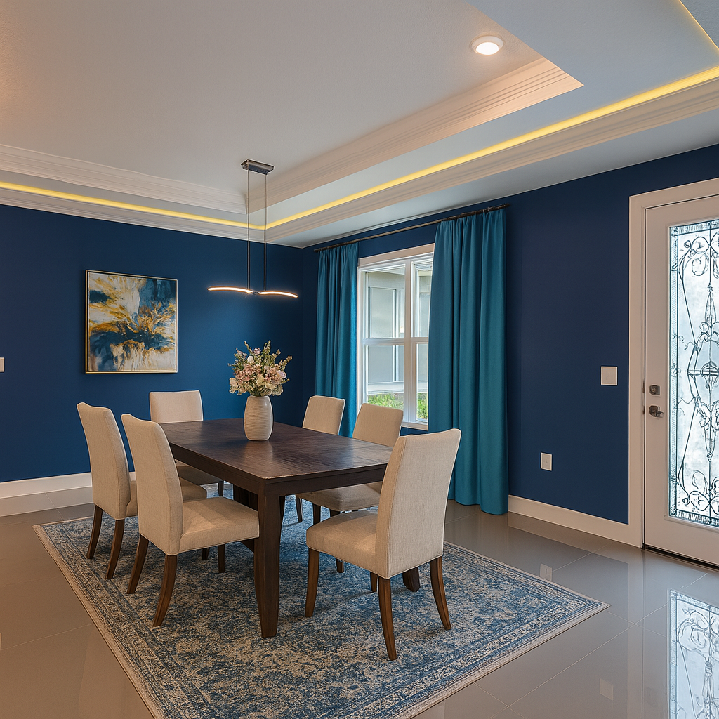 A patio with a lot of furniture and lights at night.