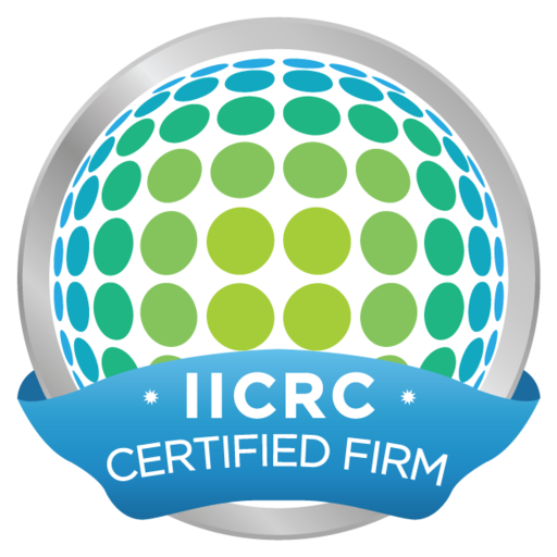 An iicrc certified firm logo with a blue ribbon