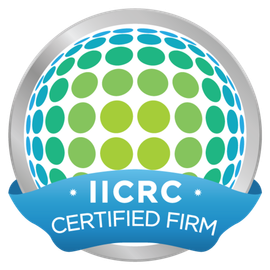 An iicrc certified firm logo with a blue ribbon