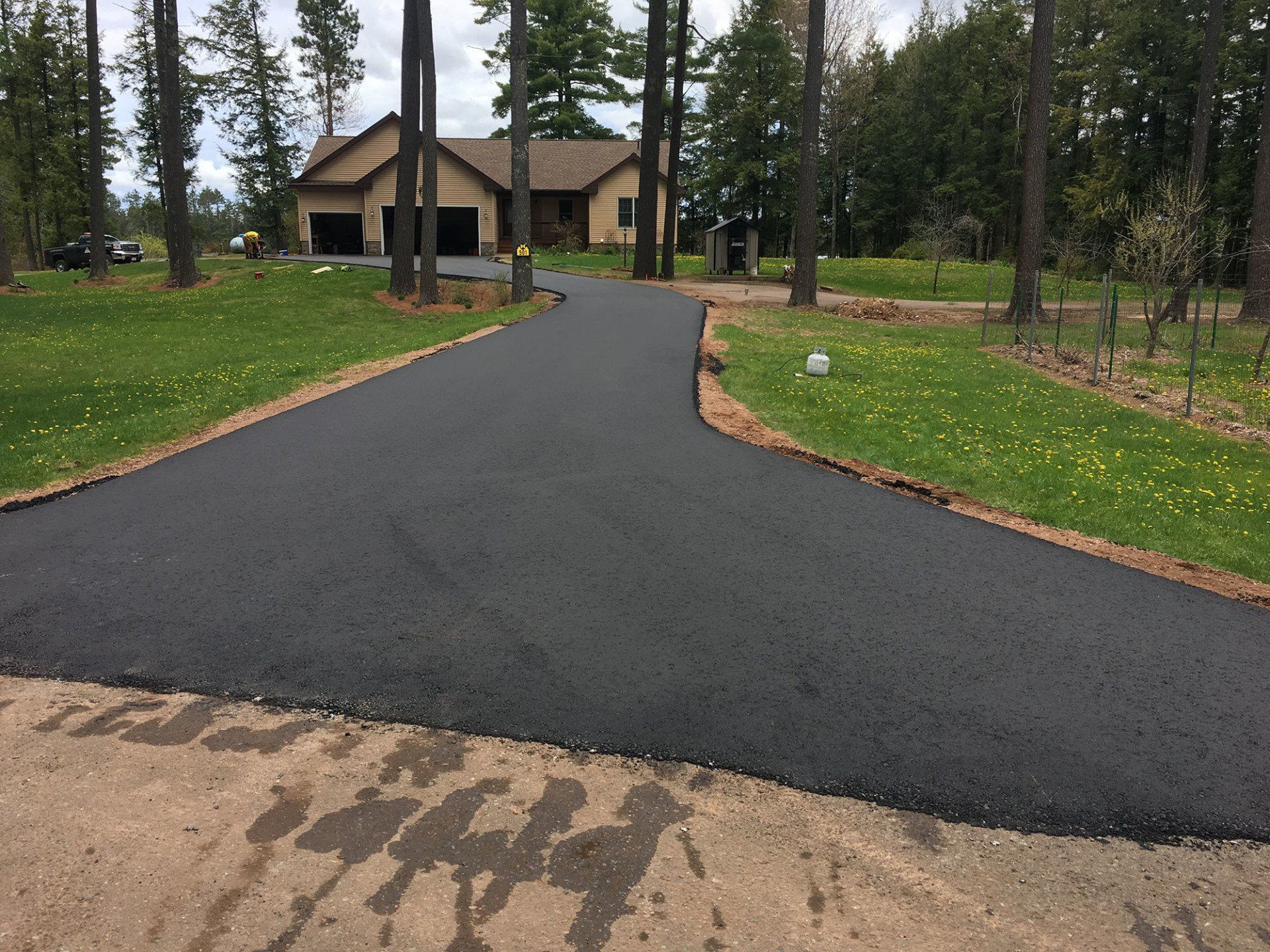 A driveway leading to a house surrounded by trees