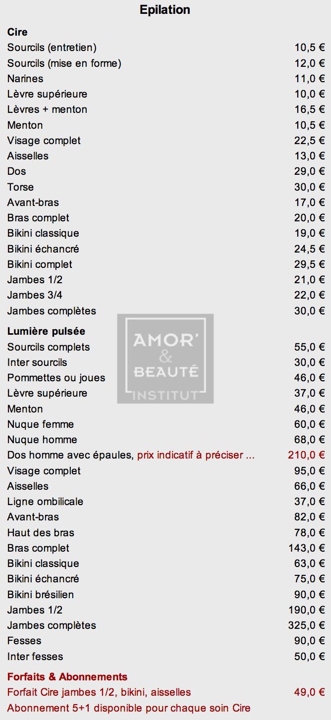 Tarif Epilation, détail des soins, prix, forfaits, abonnements