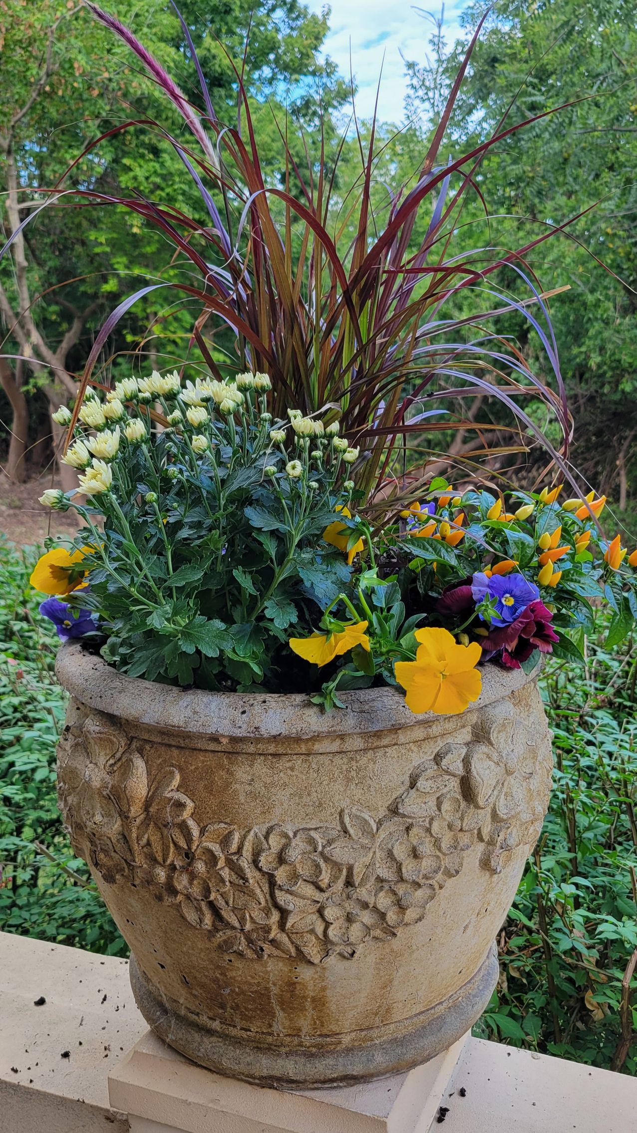 A large pot filled with flowers is sitting on a balcony.