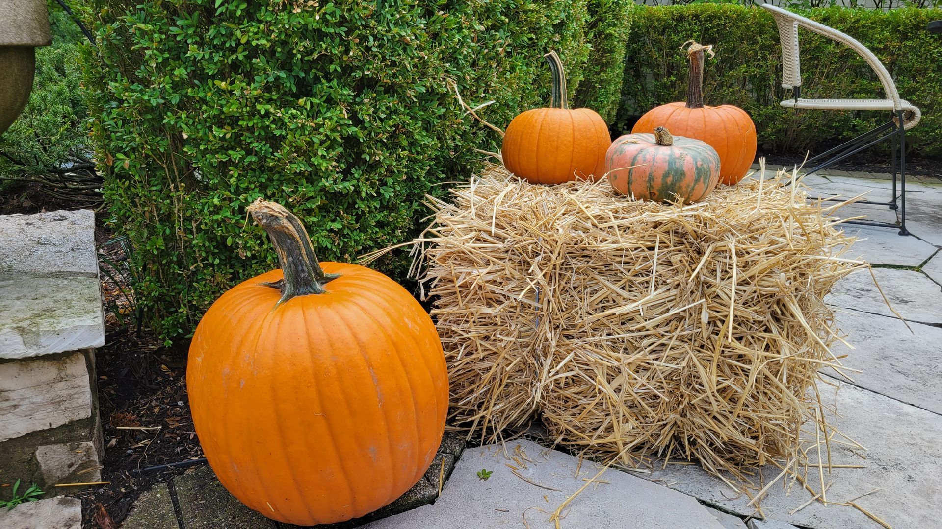 Three pumpkins are sitting on bales of hay on a patio.