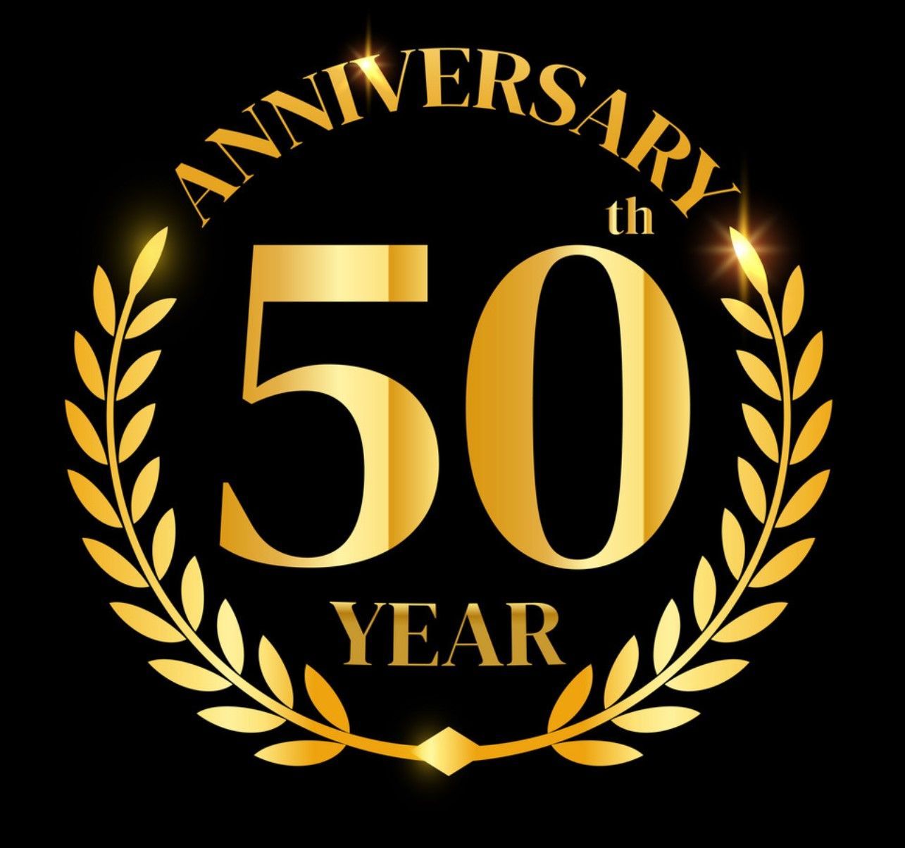 A gold 50th anniversary logo with a laurel wreath